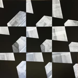 Werk "9 Tafeln" bestehend aus 9 Einzelbildern in schwarz und verschiedenen Grau-Tönen, Ölfarbe, gewalzt